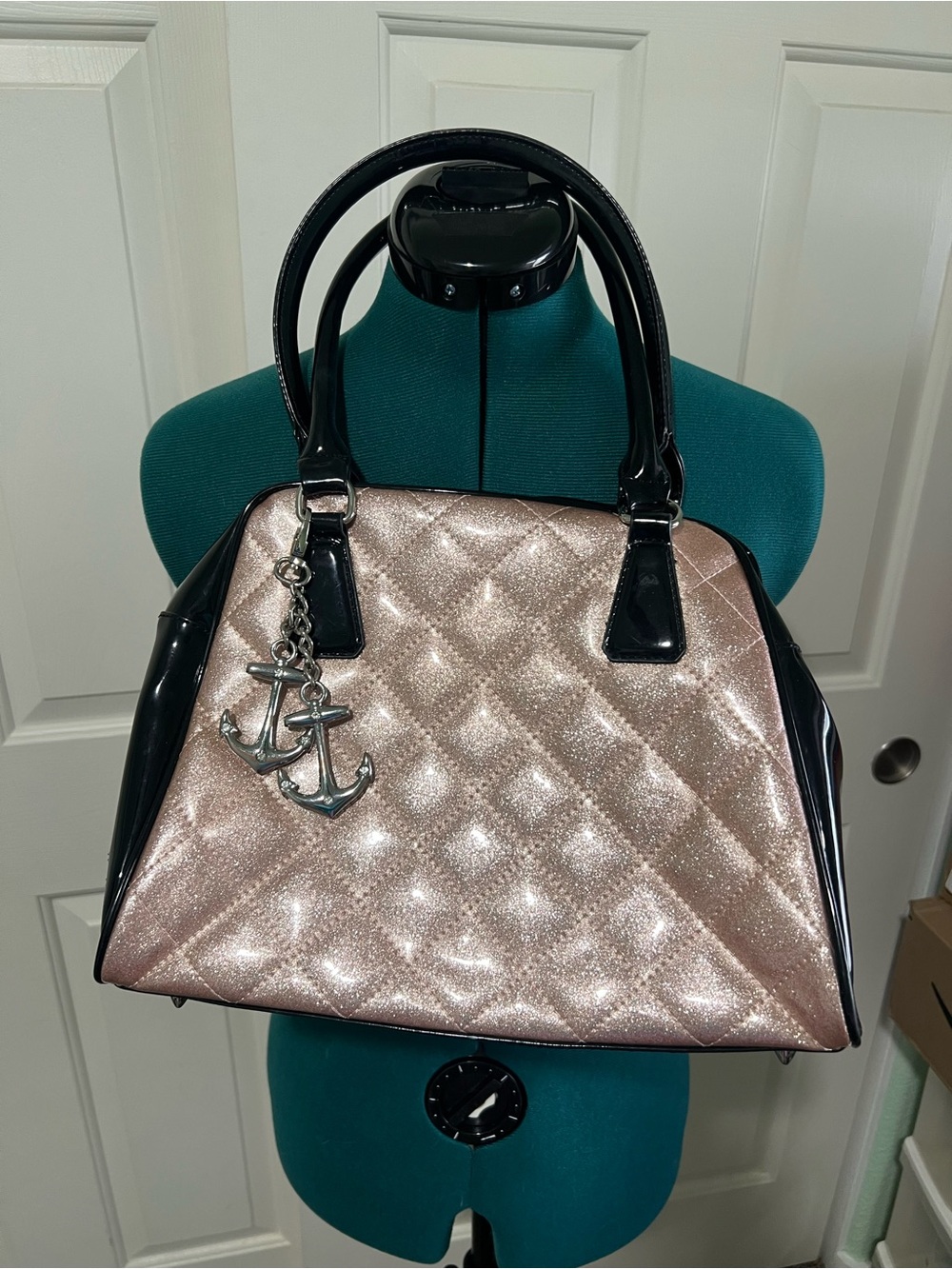 Lux De Ville Quilted Rose Gold Glitter Satchel with Anchor Charm